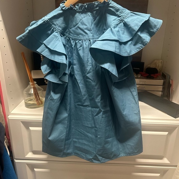 Blue Shirt with Mock Neck and Flutter Sleeves - Picture 6 of 6